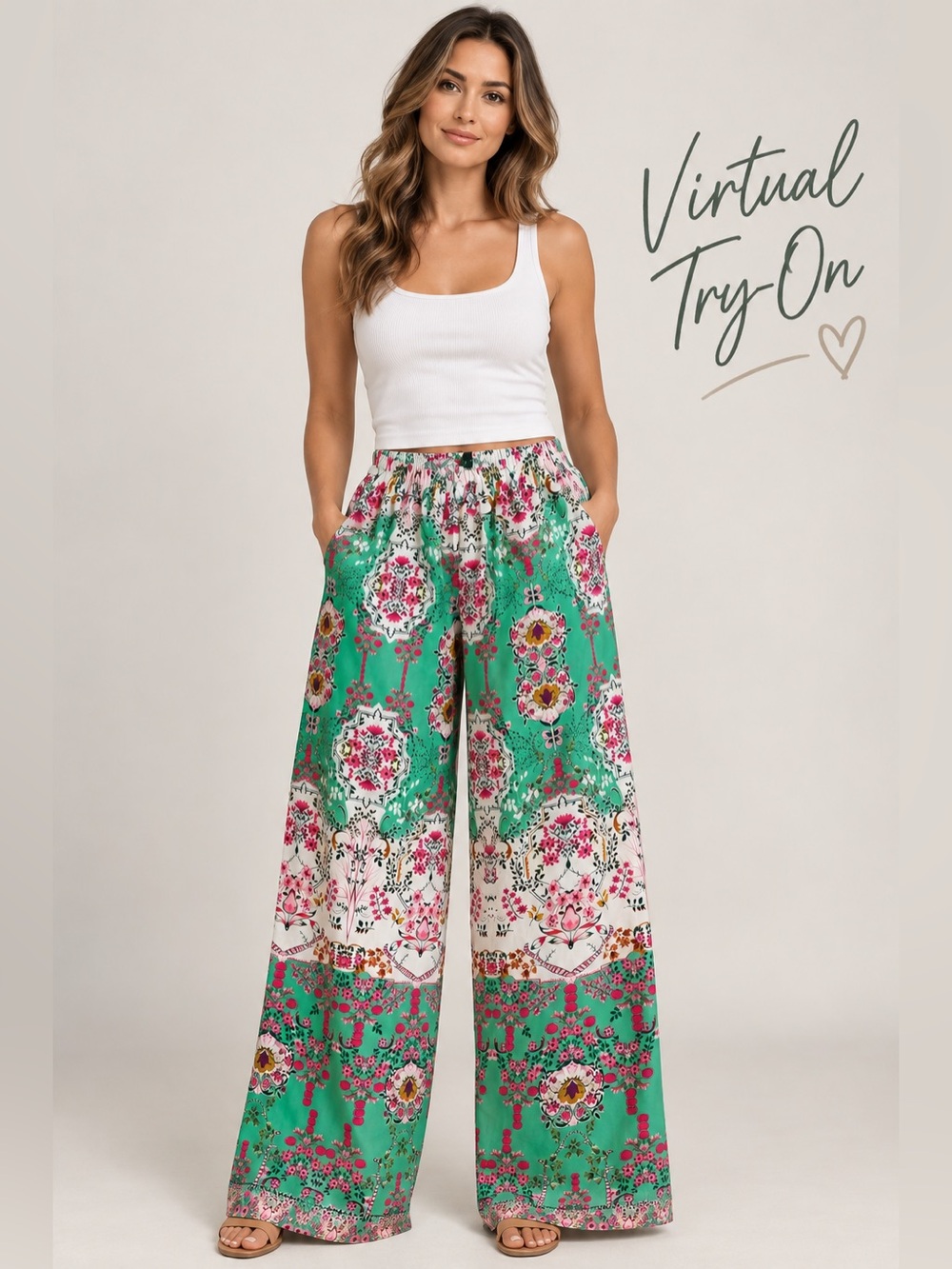 Ventis Italy Women’s Floral Wide Leg Palazzo Pants Green Pink Boho Size L